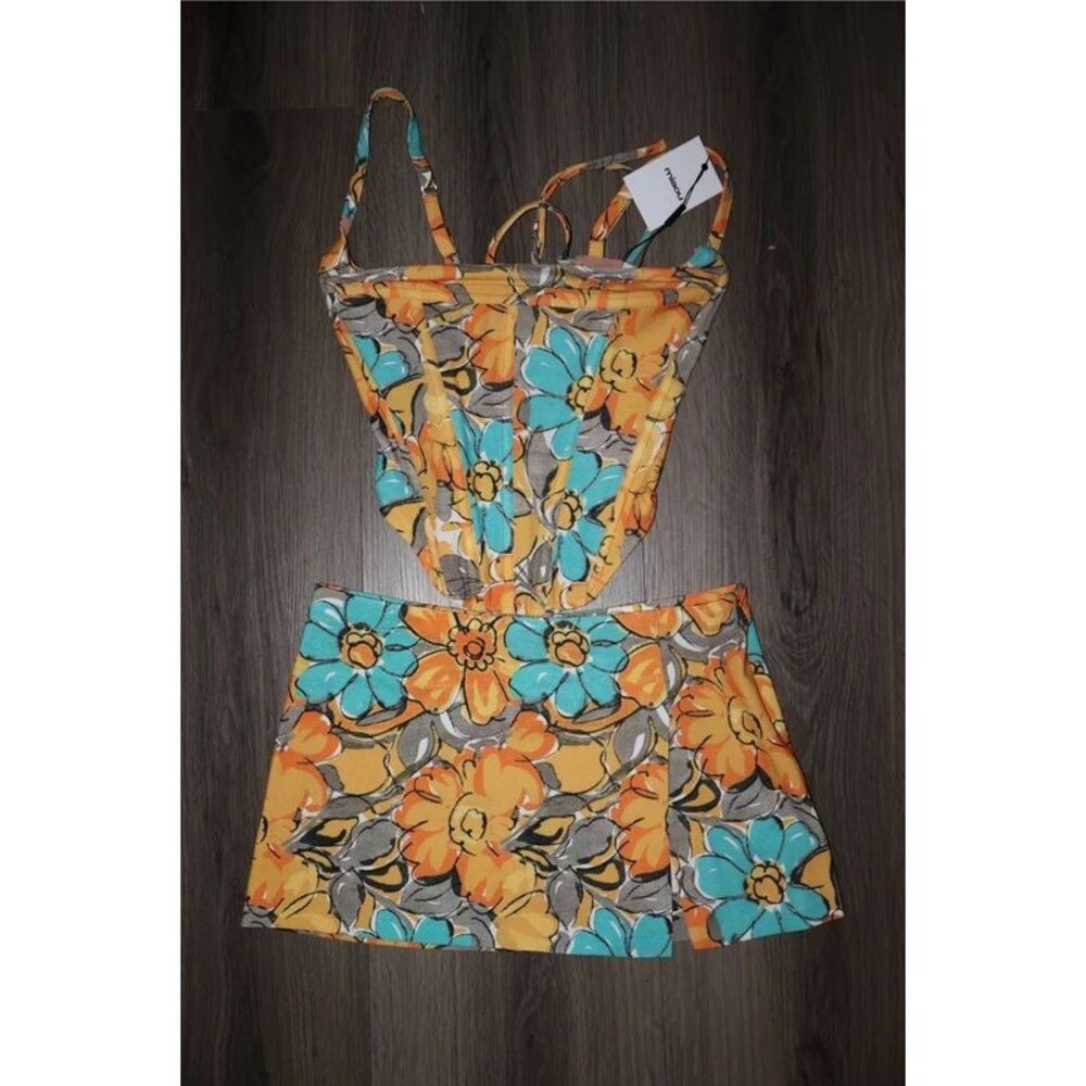 Miaou V Corset Top and Micro Mini Skirt in Parisian Flower Orange